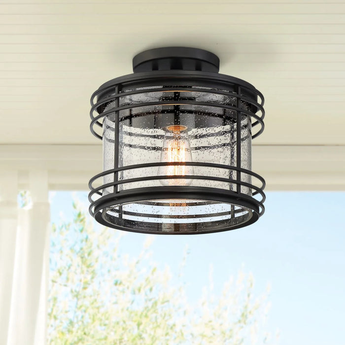 Modern Semi Flush Mount Outdoor Ceiling Light Fixture Black Geometric 11" Clear Seedy Glass for Exterior House Porch Patio Deck