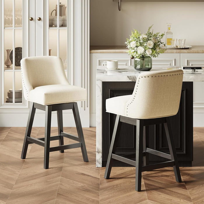 27" Swivel Bar Stools Set of 2, Upholstered Barstools with Padded Seats and Solid Wood Legs, Counter Height Kitchen Stools for Kitchen Island, Breakfast Nook, Beige