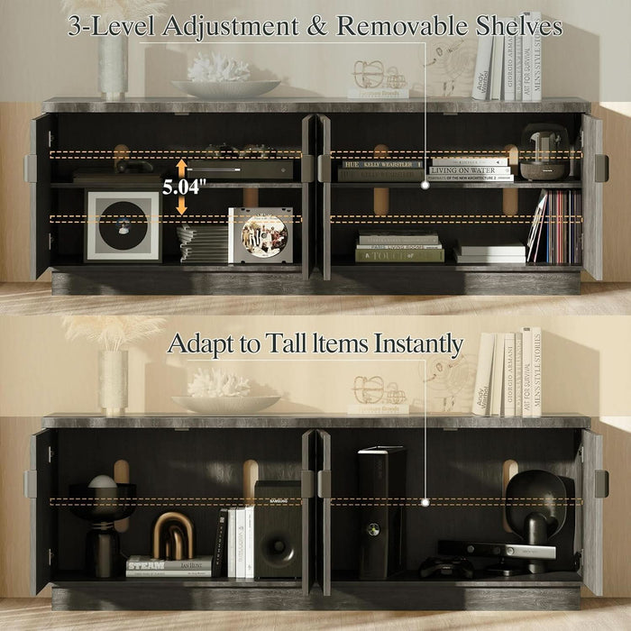 Farmhouse TV Stand for Television up to 75 Inches, 4 Fluted Doors Rustic Entertainment Center with Storage & Adjustable Shelves, Mid Century Modern Wood TV Consoles for Living Room Bedroom, Black
