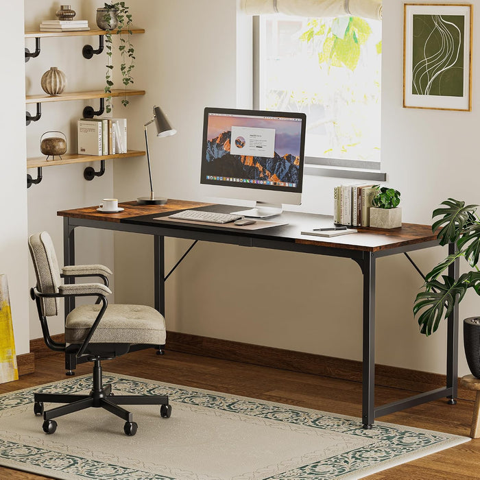 Computer Desk, 70 Inch Office Desk, Gaming Desk with Storage, Writing Desk Work Desk for Home Office, Study, Long Simple Desk, Large Legroom, Metal Frame, Rustic Brown and Black