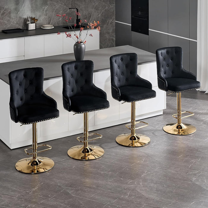 Velvet Gold Bar Stools Set of 2 Modern Counter Height Bar Stools with Lion Pull Ring Tufted Back, Nailhead Upholstered Barstools for Home Kitchen Island, Swivel Adjustable Stool Chair in Black