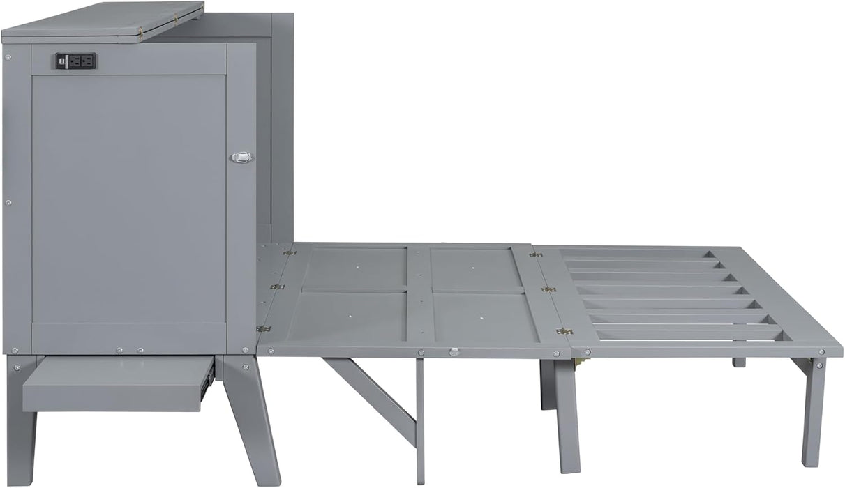 Murphy Bed Queen Size with USB Port and Slide-Out Shelves on Each Side, 2-In-1 Foldable Bed Frame Cabinet Desk for Bedroom Guest Room Living Room (Gray)
