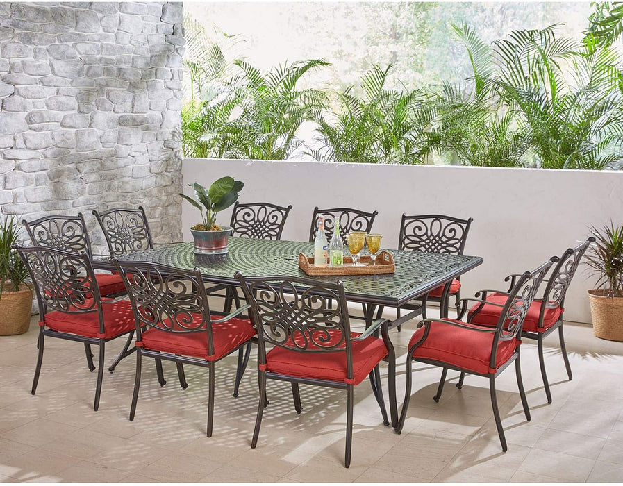 Traditions 11-Piece Patio Dining Set with 10 Stationary Chairs, Plush Red Cushions, and Extra Large Dining Table, Patio Dining Set for 10, All-Weather Rust-Resistant Luxury Outdoor Dining Set