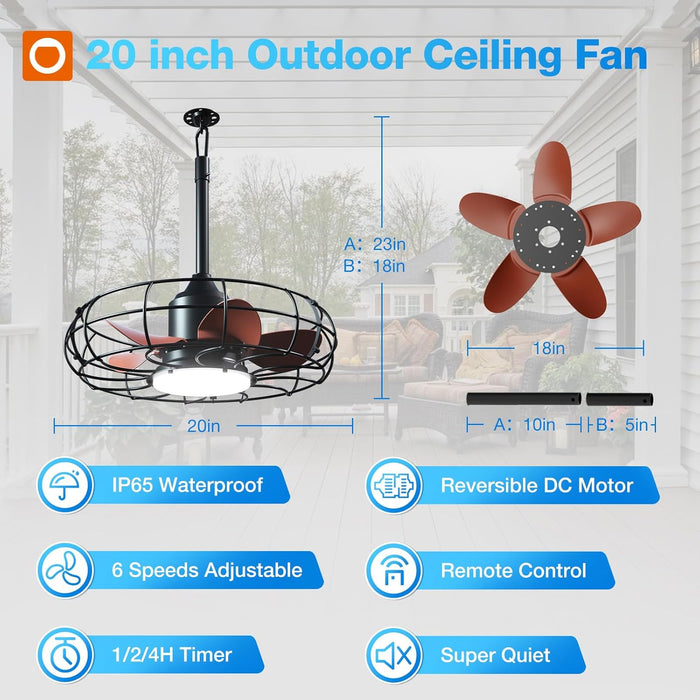 20 Inch Outdoor Ceiling Fan with Light for Patio, IP65 Waterproof Plug in Caged Hanging Fan, Remote Control, 3 CCT, 6 Speeds Reversible Outdoor Fan for Gazebo, Pergola, Porch