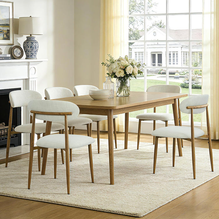 Modern Upholstered Dining Chairs Set of 6, Mid-Century Metal Frame with Wood Grain, Linen Fabric Side Chair for Kitchen Dining Room, 350Lbs Capacity, Beige