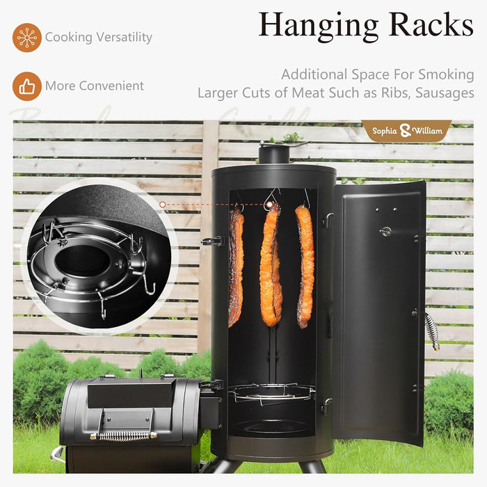 Heavy-Duty Vertical Offset Charcoal Smoker Extra Large Outdoor BBQ Gill with Offset Smoker, 961 SQ.IN. Cooking Area with Warming Tray,Push-Out Ash Tray for Event Gathering, Black