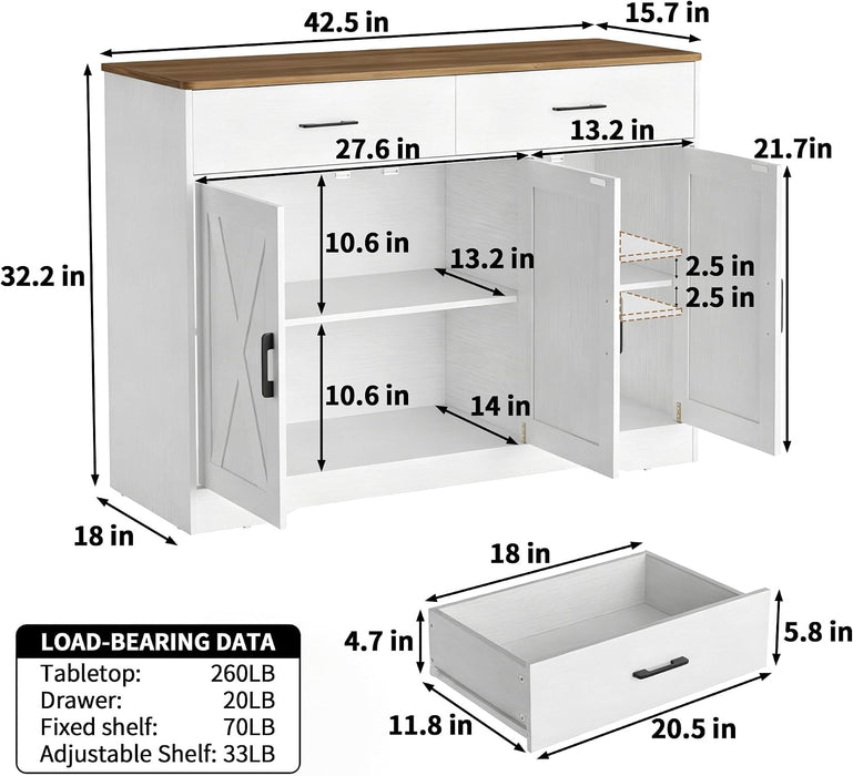 42.5" Farmhouse Sideboard Buffet Cabinet with Barn Doors, White