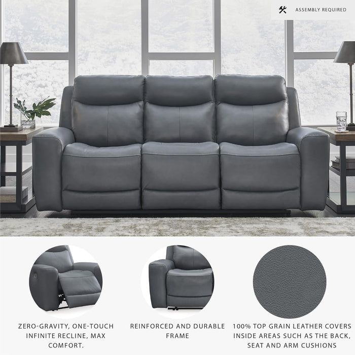 Signature Design by Ashley Mindanao Contemporary Leather Match Upholstered Power Reclining Sofa with Adjustable Headrest and USB Ports, Gray