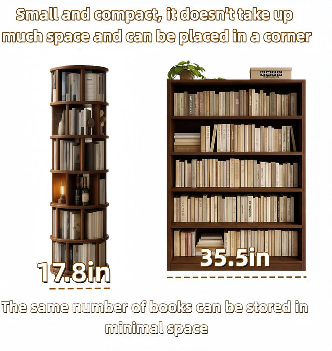 Real Solid Wood Walnut Rotating round Bookshelf Towers with Wheels,Bookcase