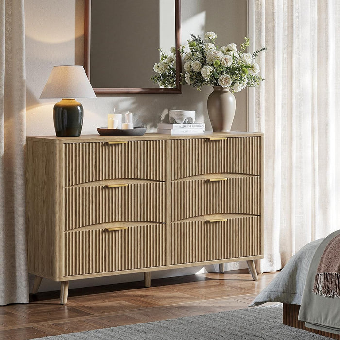 54" Curved Fluted 6-Drawer Dresser, Mid-Century Modern Natural