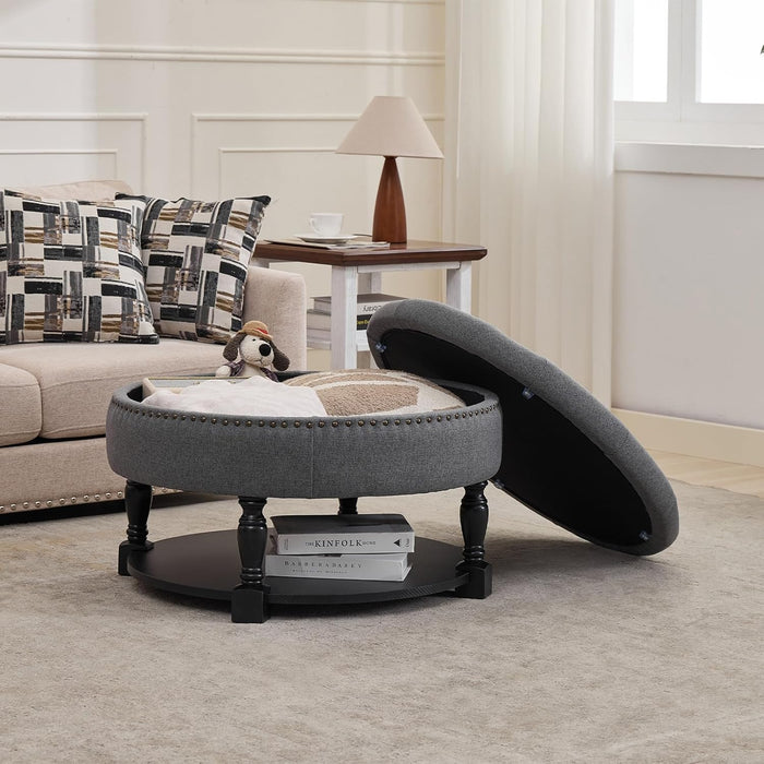 31.5" Large round Ottoman Coffee Table with Storage, Upholstered Button Tufted Linen Ottoman, Large Shelf Storage with Solid Wooden Legs for Living Room，Dark Gray