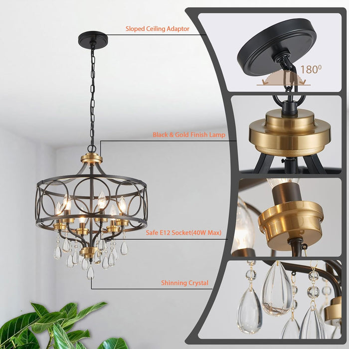 Crystal Chandeliers for Dining Room,17.7" Black and Gold 6 Lights Hanging Pendant Lighting Fixture Metal Farmhouse Chandelier for Kitchen Island Entryway Living Room
