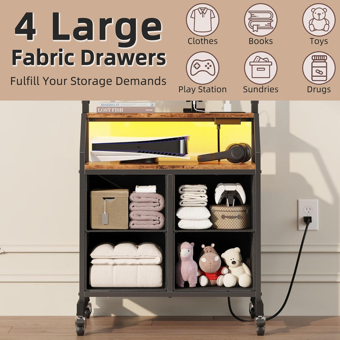 Rolling TV Stand with Mount & 4 Fabric Drawers - TV Stand with Wheels for 32-75" TV, Entertainment Center & Console Table for Living Room or Bedroom, Modern Television Stand with Storage, Rustic Brown