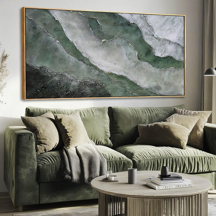Green and White Textured Landscape Wall Art 24X48 Inch, Large Framed Canvas Artwork with Wood Frame, Abstract Nature Wall Decor for Living Room or Entryway