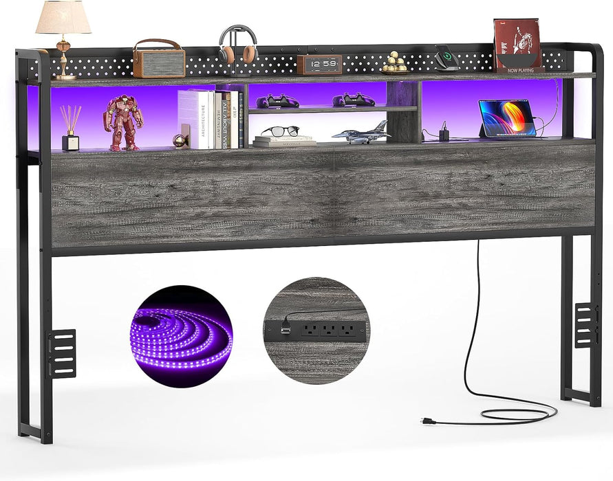 Headboard for King Size Bed with Storage Shelf, Head Board with 3 Outlets and 2 USB Ports, Headboards with RGB LED Light, Height Adjustable, Sturdy and Stable, Easy Assembly, Black Oak