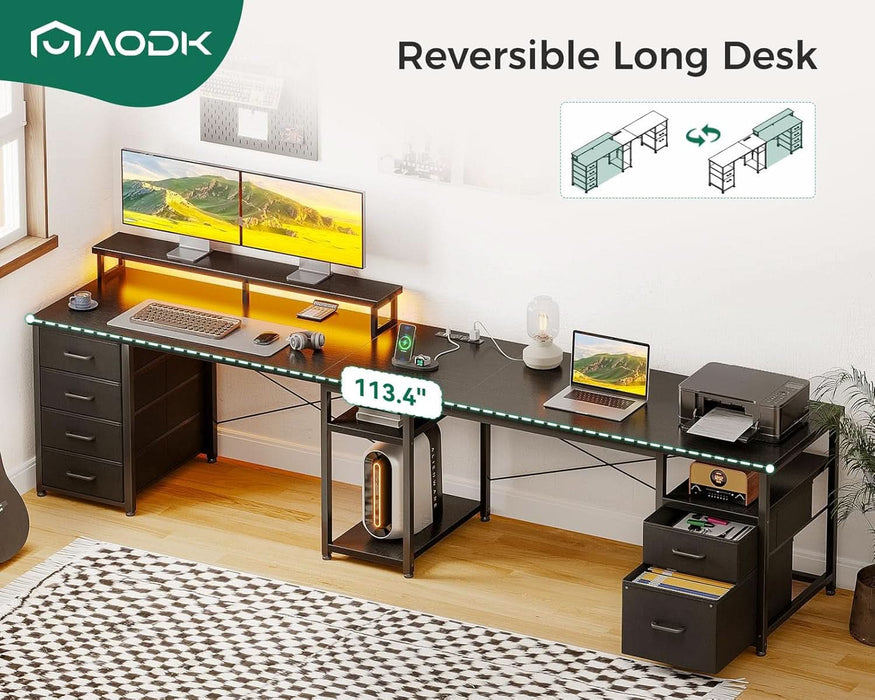 66" L Shaped Computer Desk, 113“ Reversible Home Office Desk with File Cabinet & 4 Fabric Drawers, Two Person Desk with LED Lights & Power Outlet, Corner Gaming Desk with Monitor Shelf, Black