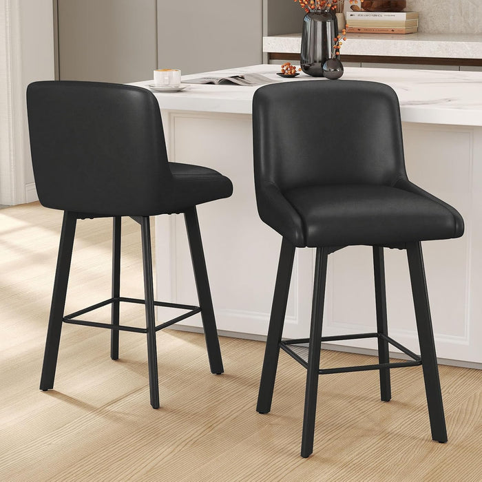 Swivel Bar Stools, 26''H Upholstered Barstools with Backs, Modern Counter Height Bar Stool Chairs for Kitchen Island, Metal Legs (Black- Faux Leather, Set of 3-26" H)