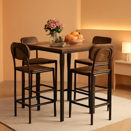 5-Piece Dining Table Set W/Counter Height Table & 4 Bar Stools, Industrial Kitchen Dining Set W/Footrest & Backrest, Space-Saving Dinette Set for Pub, Dining Room, Restaurant (Mix Brown)