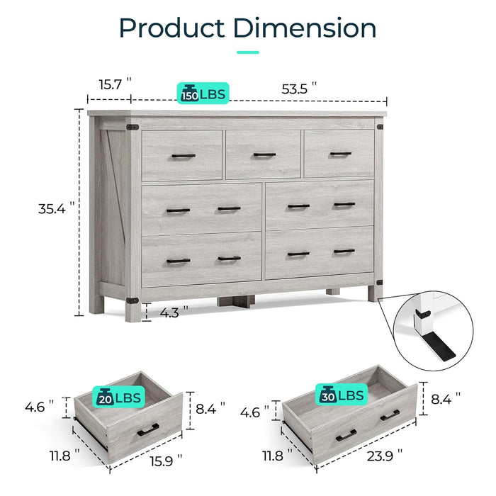 Farmhouse Dresser Featuring Seven Deep Drawers Grey
