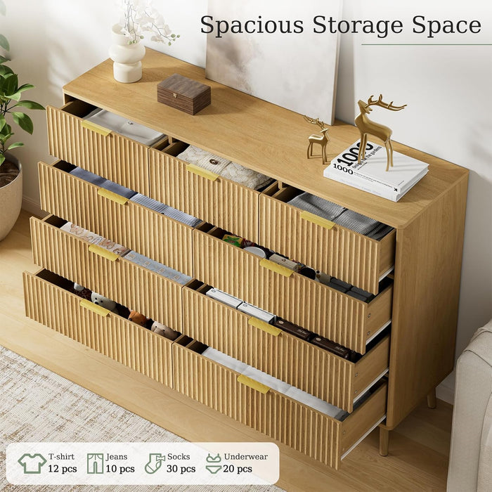 Fluted 9 Drawer Dresser for Bedroom, 55" Wide Modern Chest of Drawers with Curved Profile Design and Metal Handles, Wood Dresser TV Stand & Storage Organizer for Bedroom, Hallway, Oak