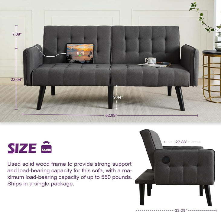 65Inch CharcoalGrey Upholstered ConvertibleSleeper Sofa