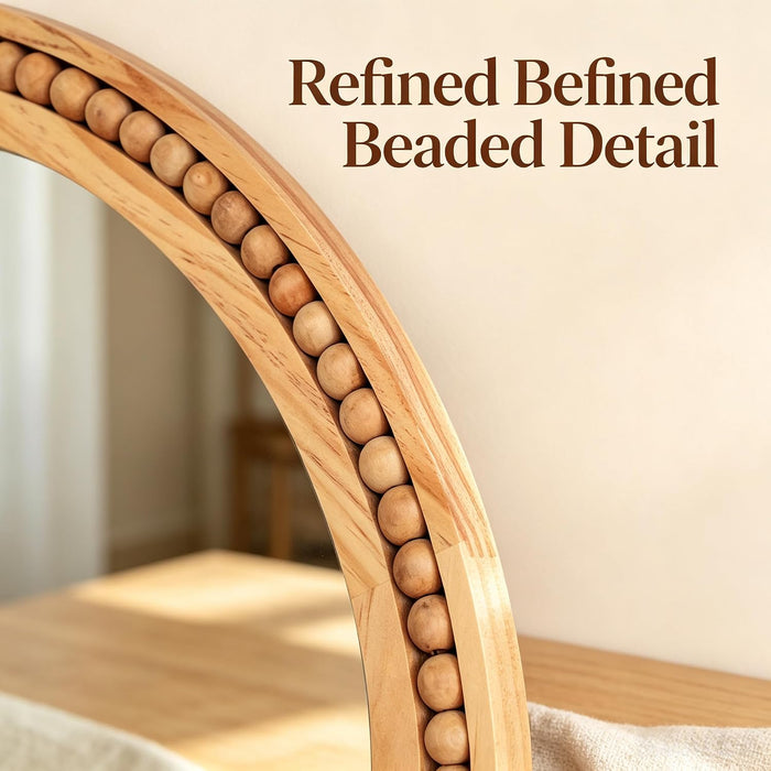 30 Inch round Wall Mirror with Beaded Solid Wood Frame, Decorative Wall Mirror with Tempered Glass, Farmhouse Home Decor for Bathroom, Living Room, Entryway, Natural Wood
