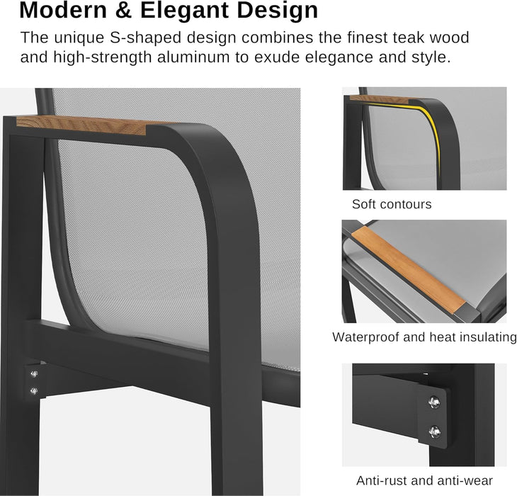 Signature 7 Pieces Outdoor Dining Set, Patio Furniture Set with Finest Teak Wood, Powder-Coated Aluminum Frame Table and Teslin Fabric Chairs, Patio Dining Set for Garden and Yard, Dark Grey