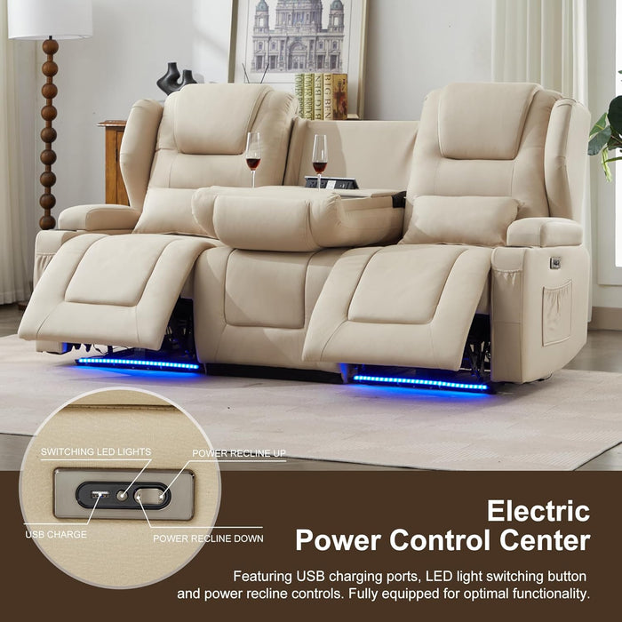 RV Power Loveseat Recliner Sofa, Leathaire Fabric 3-Seater Wall Hugger Reclining Sofa, Home Theater Seating Chair with Cup Holders, 3 Person Couch RV Furniture for Living Room, Beige