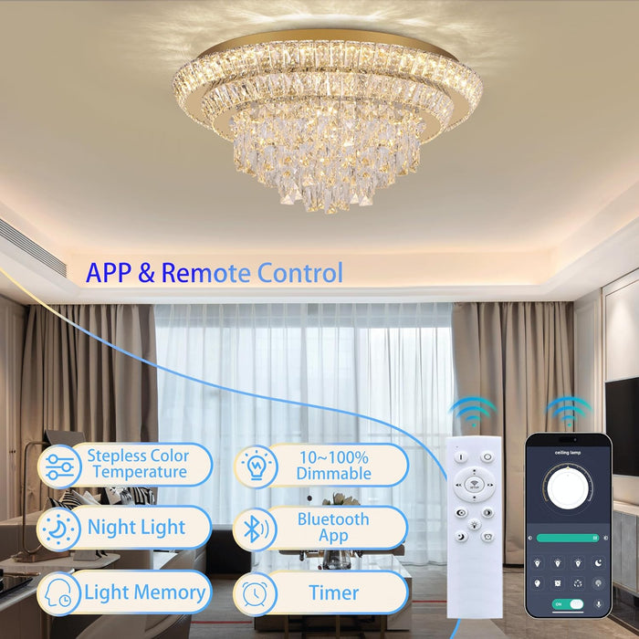 24in Crystal Chandelier Flush Mount Remote Control
