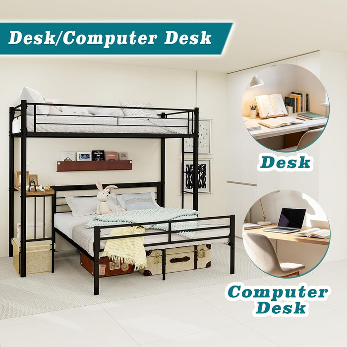 Black LShaped TwinOverFull BunkBedDesk HeavyDuty Metal