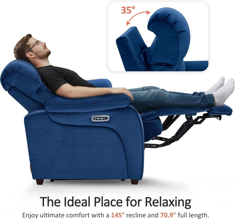 87.2'' Wall Hugger Power Recliner Sofa with Drop down Table, Reclining Sofa with Adjustable Headrest, USB Charge Ports, Reading Lamp, for Living Room, Rvs, Fabric, ST258M3 (3-Seater, Navy Blue) | Zero Wall Hugger