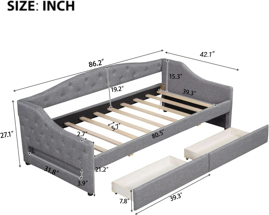 Twin XL Size Modern Upholstered Platform Bed with 2 Drawers, Linen Sofa Daybed with Wood Slat Support, Storage Bed Frame, Space Saving/Gray