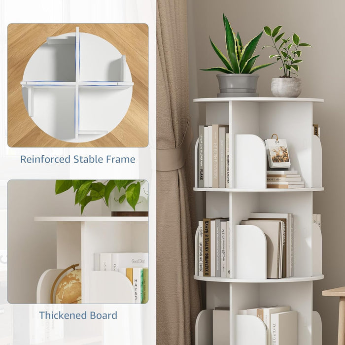 4 Tier Rotating Bookshelf Tower, Spinning Bookshelf for Small Space | 360° Display Revolving Bookcase Lazy Susan, Freestanding Vertical Corner Book Shelf for Bedroom, Living Room, Entryway, White