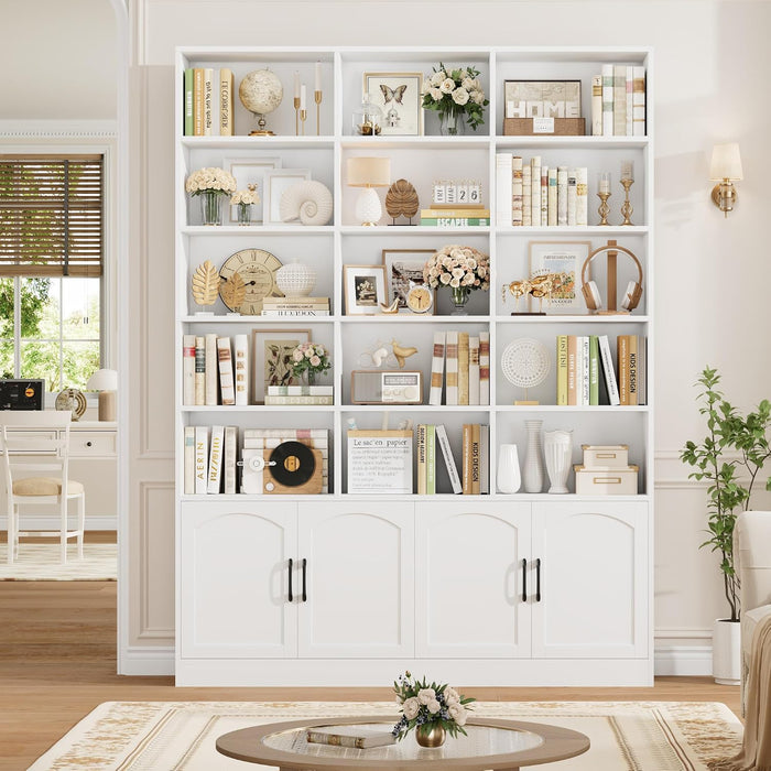 82.3" Triple Wide Bookshelf, Tall Bookcase with 4 Doors, White