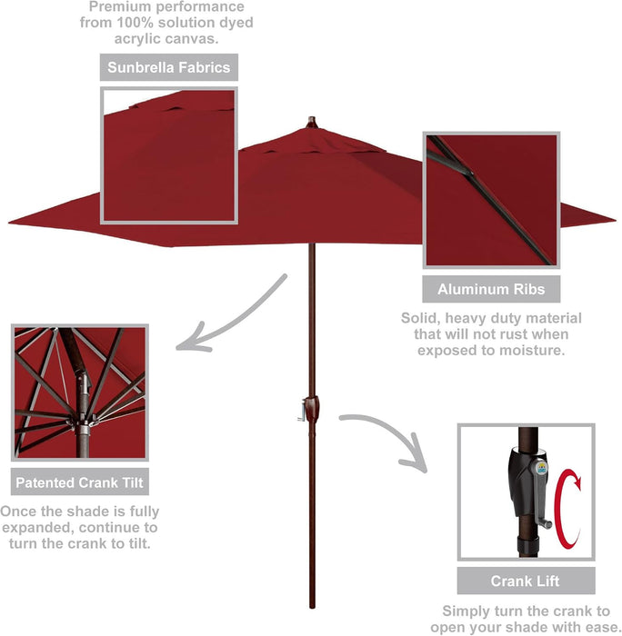 9' Rd Sunbrella Aluminum Patio Umbrella, Crank Lift, Auto Tilt, Bronze Pole, Jockey Red