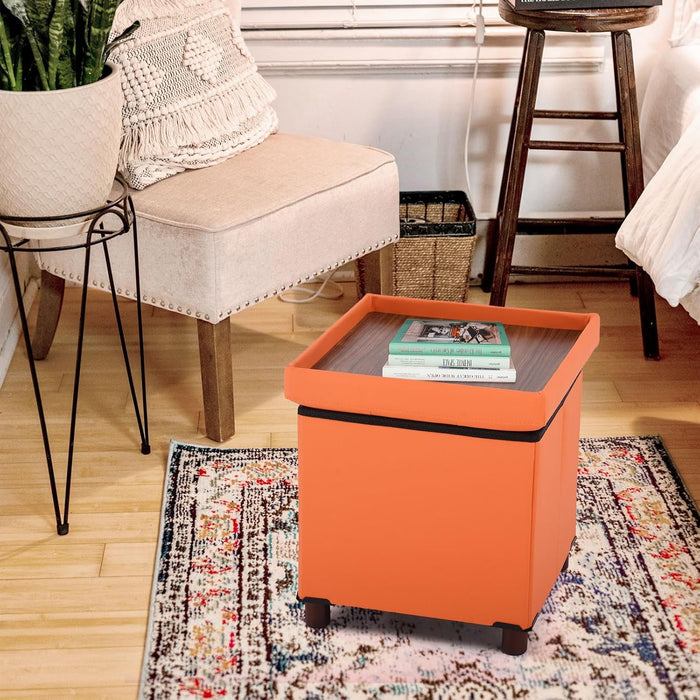Storage Ottoman for Living Room Ottoman Square with Tray Bedroom Cube Foot Rest Stool with Legs Small Ottomans Coffee Table Lid Foldable Footstool Faxu Leather 15" in (Orange)