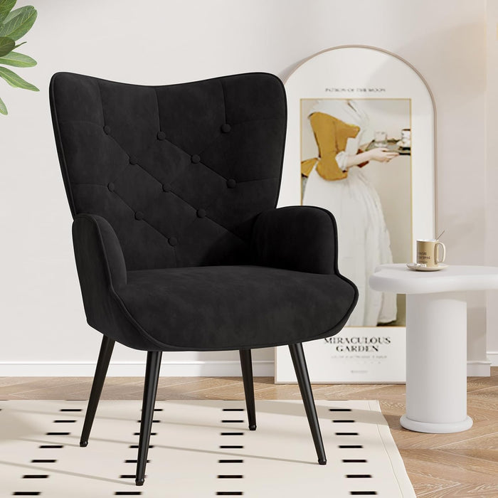Black Mid Century Velvet Upholstered Wingback Armchair