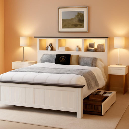 King Size Bed Frame and Headboard & Storage, 4 Drawers and LED Built in Charging Station King Bed Frame with Storage Farmhouse,No Noise,No Box Spring Needed,White