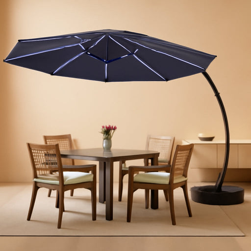 11Ft Offset Cantilever Patio Umbrella with Solar Lights, Large round Outdoor Umbrella with Base Included, Aluminum Frame, 360° Rotation & Infinite Tilt for Deck Pool Backyard, Navy Blue