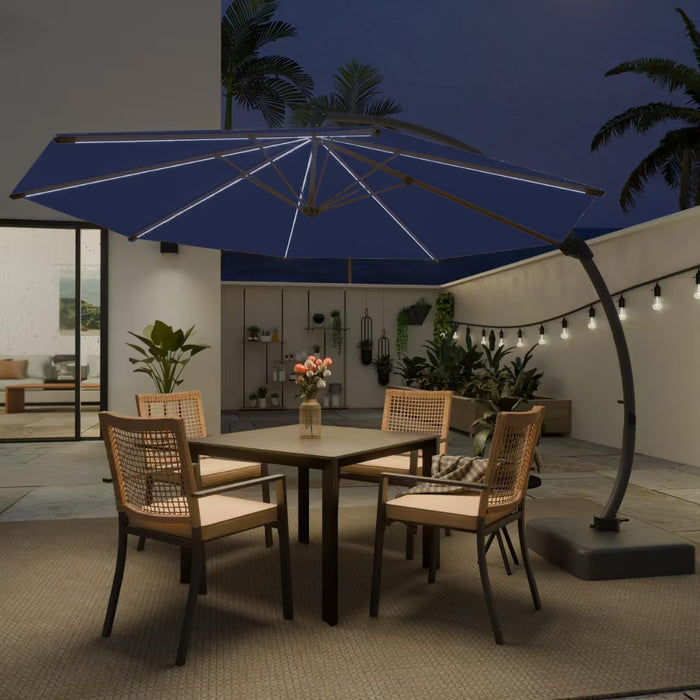11Ft Offset Cantilever Patio Umbrella with Solar Lights, Large round Outdoor Umbrella with Base Included, Aluminum Frame, 360° Rotation & Infinite Tilt for Deck Pool Backyard, Navy Blue