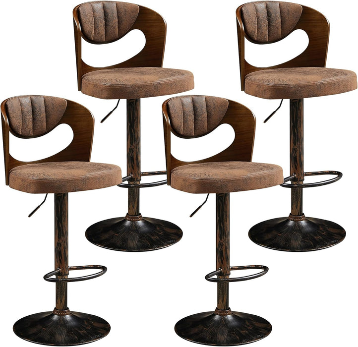 Barstools Set of 4,Kitchen Island Stools with Bentwood Back,Arm&Footrest,Counter Height Bar Chairs PU Leather Cushion Seat Adjustable Height 360°Swivel,Island Chairs for Club Pub,Rustic Brown