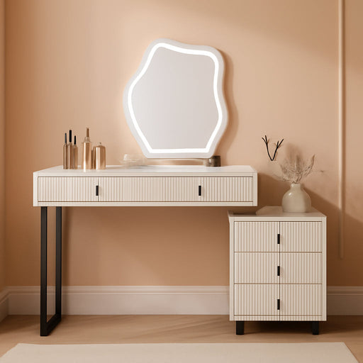 Vanity Desk with Mirror and Lights| Small Makeup Vanity Set with Adjustable Cabinet & 5 Drawers Storage| Modern Dressing Table for Small Spaces & Bedroom(White and Black)