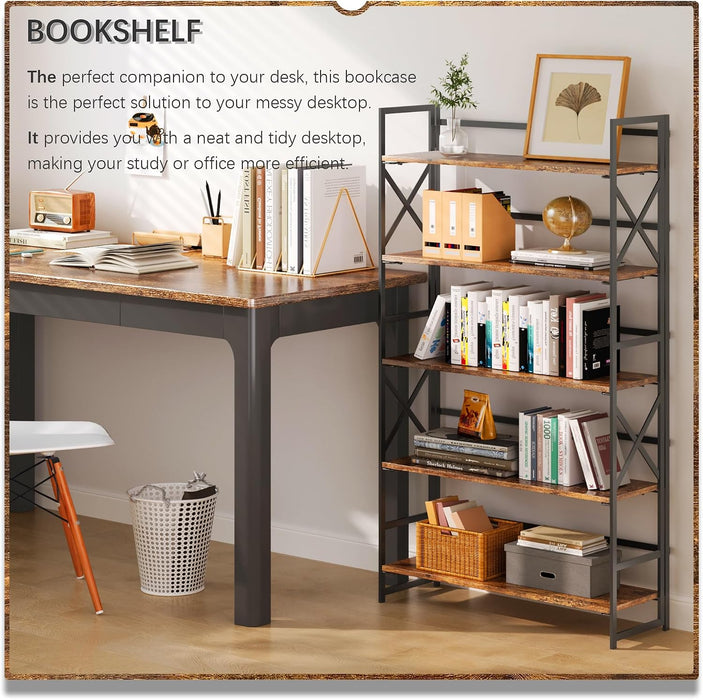 Extra Wide 5 Tiers No Assembly Book Shelves, 51.2" H Folding Bookshelf Bookcase Open Industrial Foldable Shelves for Bedroom, Living Room, Home Office - Rustic Brown Black