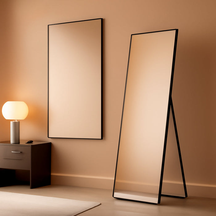 Full Length Mirror with Stand, 56"X19" Aluminum Alloy Frame Floor Mirror, Black, Shatter-Proof Glass - Free Standing, Leaning against Wall or Wall-Mounted, for Bedroom Living Room Dressing Room