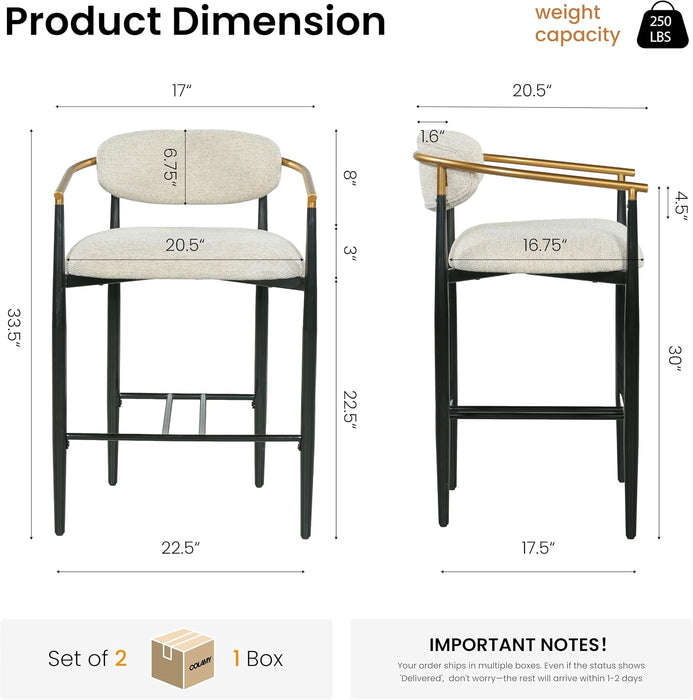 Counter Height Bar Stools Set of 2, 20.5" Extra Wide Seat Bar Chairs with Back, Upholstered Fabric Barstools for Kitchen Island Home Bar, Metal Legs, 25.5" Seat Height,Camel