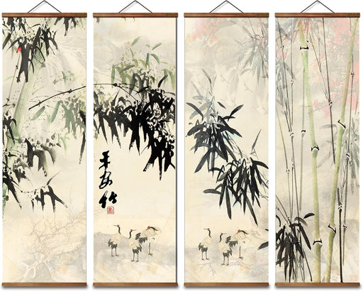 Chinese Freehand Bamboo Forest Artwork, Pine Cranes Wall Art Scroll Paintings, Set of 4, Black Walnut