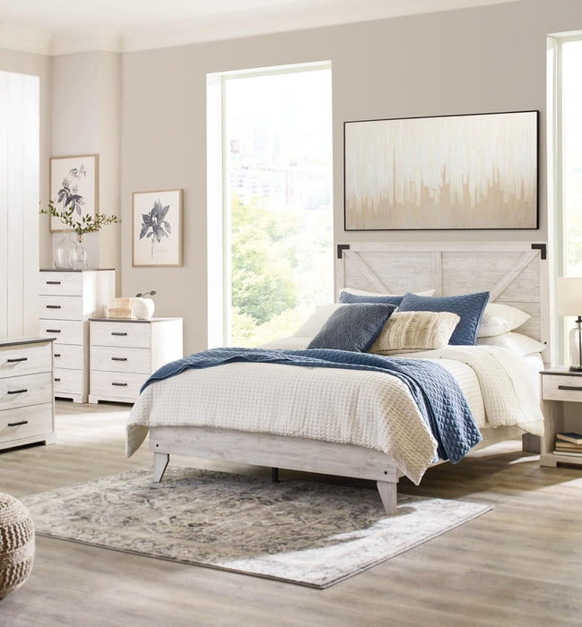 Signature Design by Ashley Shawburn Industrial Queen Crossbuck Panel Platform Bed with Metal Slats, Foundation or Box Spring Not Needed, Whitewash