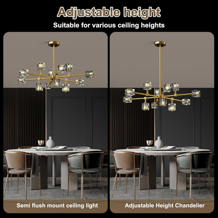 Modern Sputnik Crystal Brass Chandelier: Gold Dining Room Living Room Light