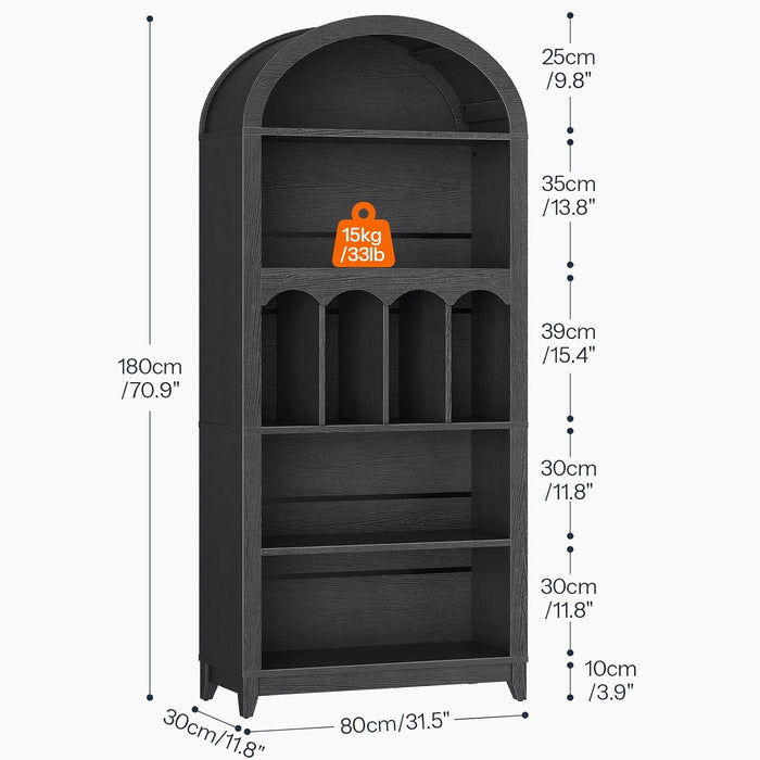Arched Bookshelf, 70.9" Tall Arch Bookcase with Storage, 5-Tier Farmhouse Book Shelf, Modern Arched Cabinet, Wooden Bookshelf with Open Display Shelves for Living Room, Office, Black BK53SJ01