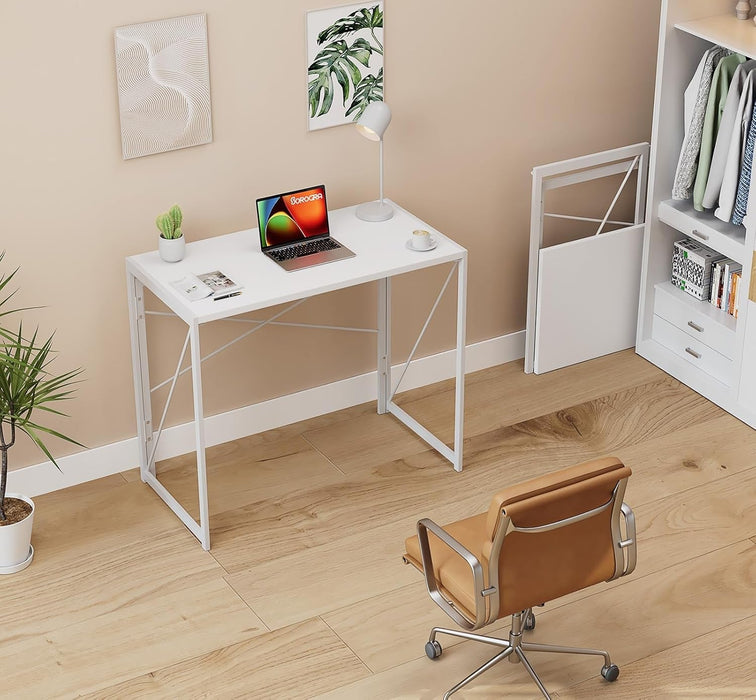 Small Folding Desk 31.5 Inch White Desks, No Assembly Required Computer Desk Spaces Saving Foldable Table for Bedroom, Home Office, Dorm, Apartment, Kids